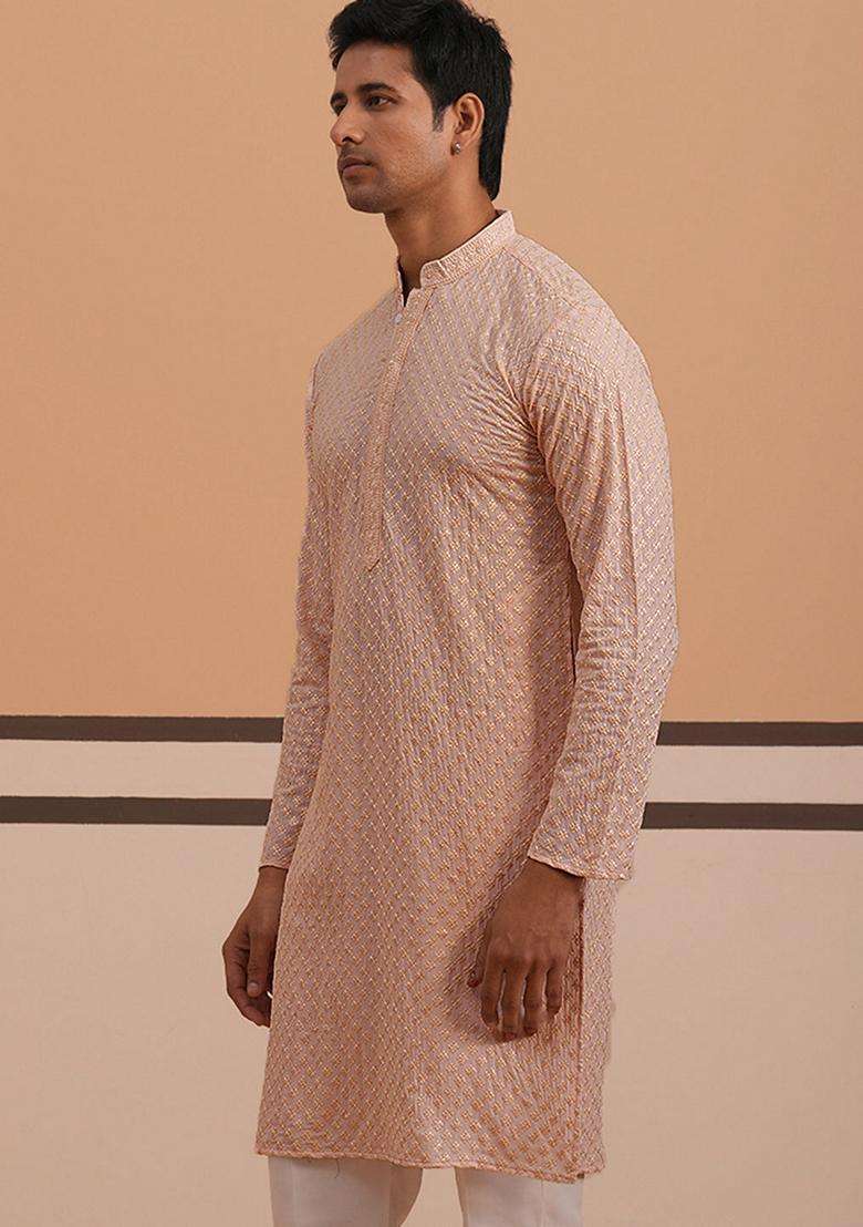 Peach Embroidery Cotton Kurta For Men - Indya