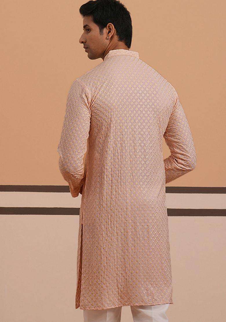 Peach Embroidery Cotton Kurta For Men - Indya