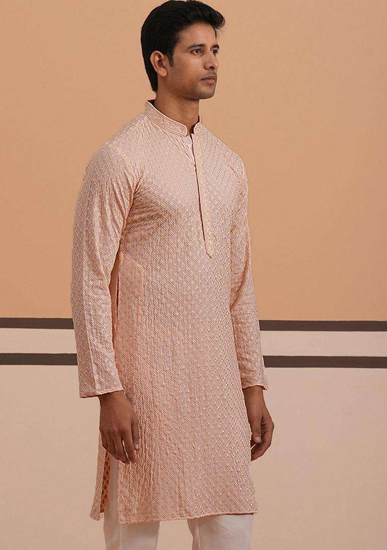 Peach Embroidery Cotton Kurta For Men - Indya