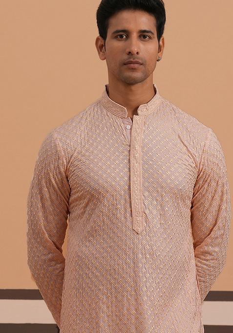 Peach Embroidery Cotton Kurta For Men