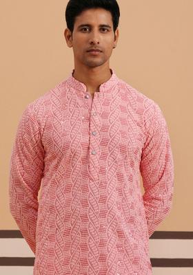 Peach Embroidery Viscose Kurta For Men