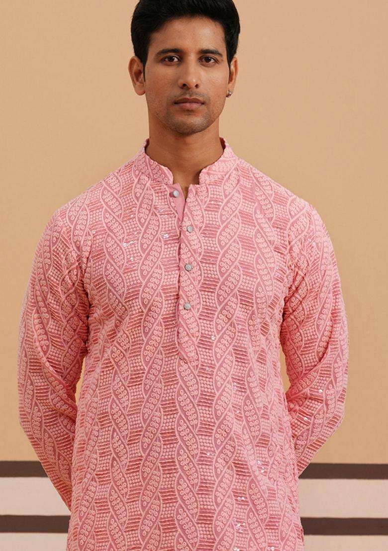 Peach Embroidery Viscose Kurta For Men - Indya