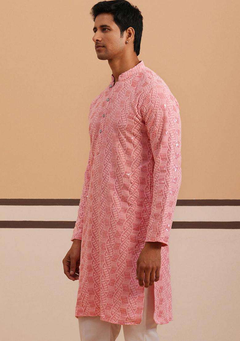 Peach Embroidery Viscose Kurta For Men - Indya