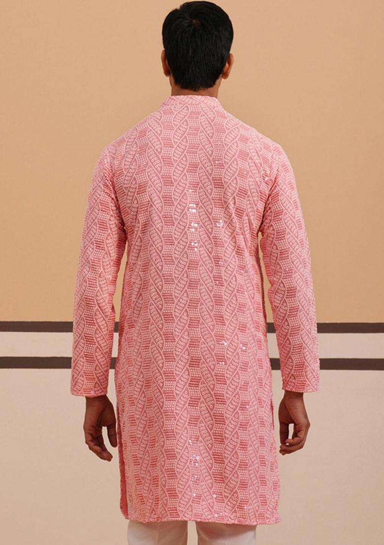 Peach Embroidery Viscose Kurta For Men - Indya
