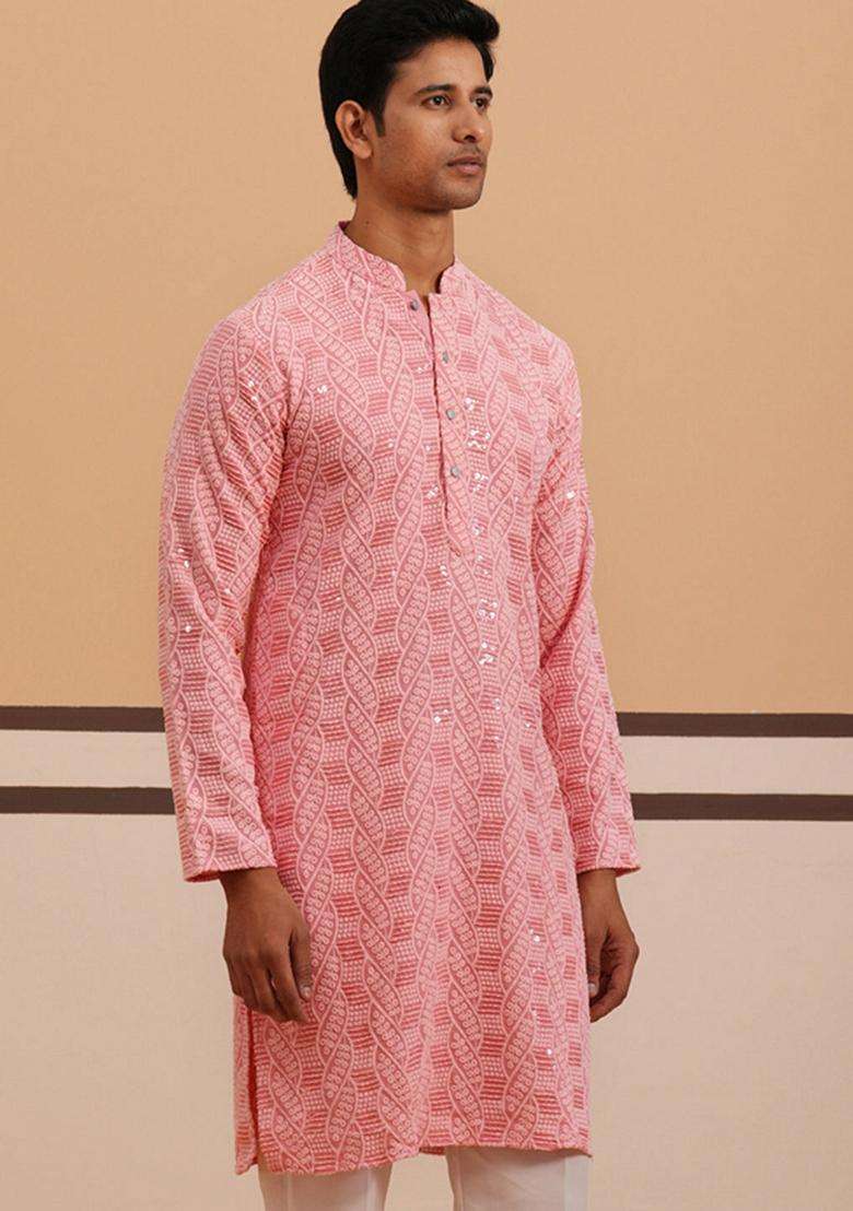 Peach Embroidery Viscose Kurta For Men - Indya