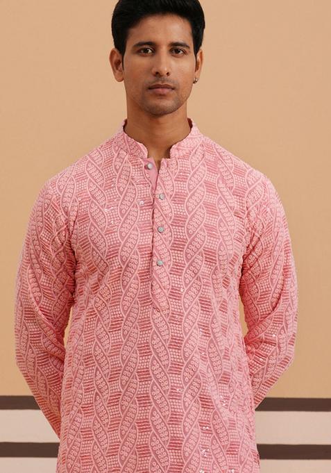 Peach Embroidery Viscose Kurta For Men