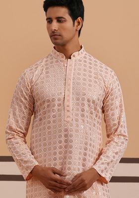 Peach Embroidery Viscose Kurta For Men