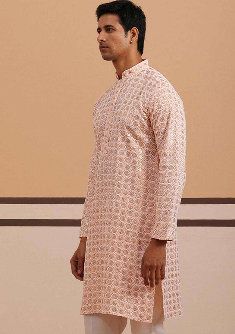 Peach Embroidery Viscose Kurta For Men - Indya