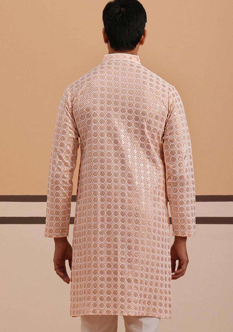 Peach Embroidery Viscose Kurta For Men - Indya