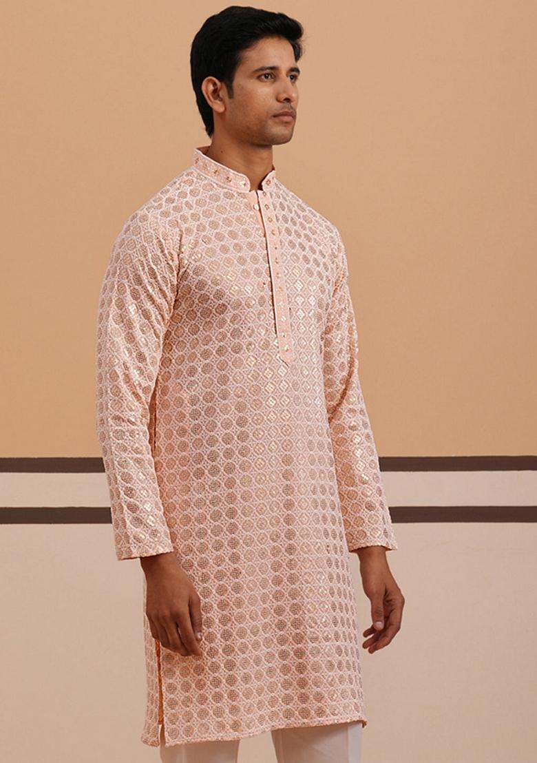 Peach Embroidery Viscose Kurta For Men - Indya