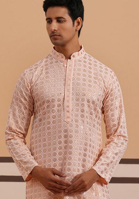 Peach Embroidery Viscose Kurta For Men