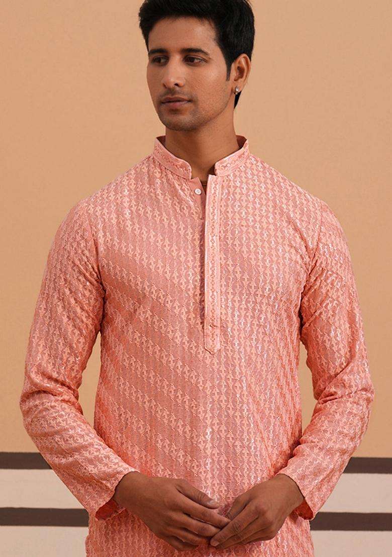 Peach Embroidery Viscose Kurta For Men - Indya