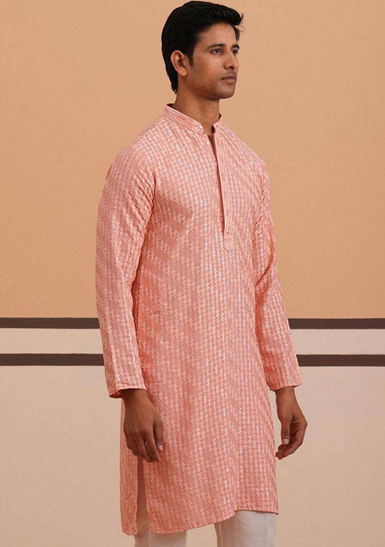 Peach Embroidery Viscose Kurta For Men - Indya