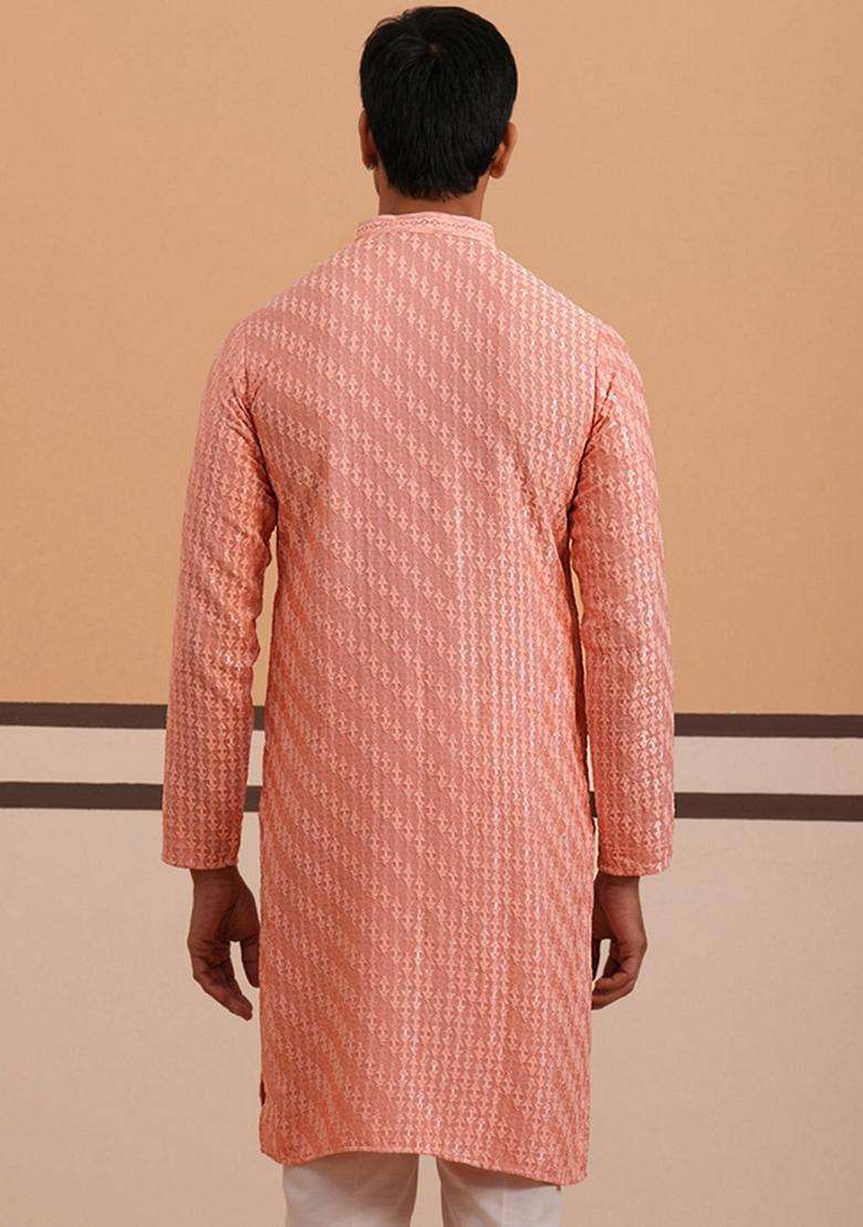 Peach Embroidery Viscose Kurta For Men - Indya