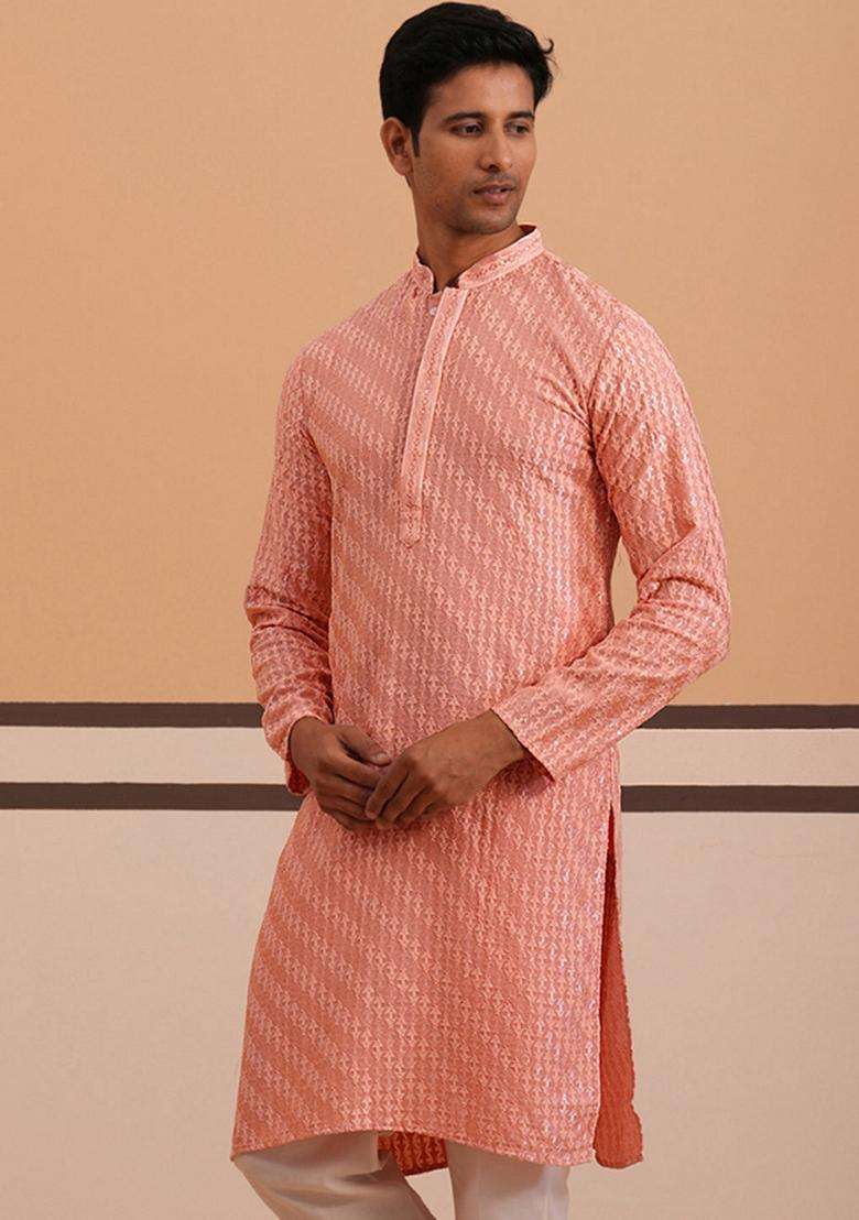 Peach Embroidery Viscose Kurta For Men - Indya