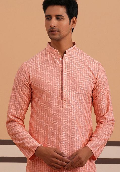 Peach Embroidery Viscose Kurta For Men