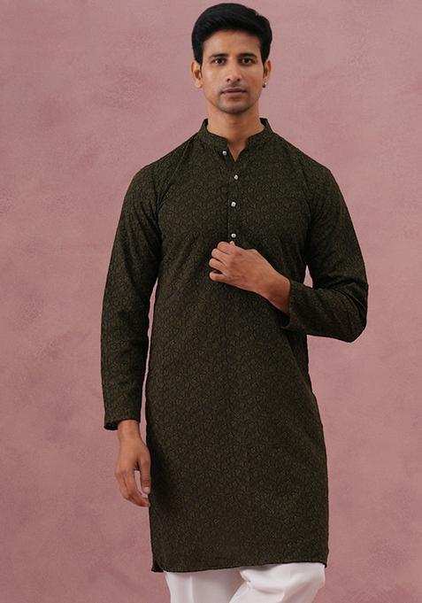 Olive Embroidery Cotton Kurta For Men