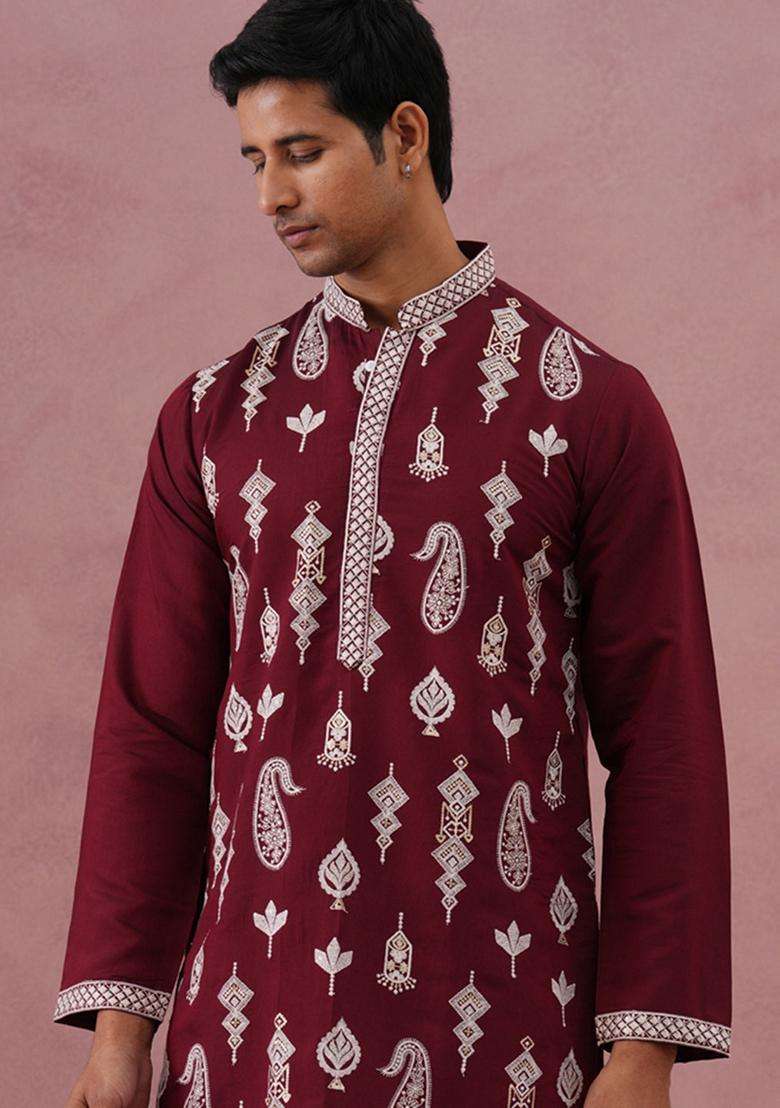 Maroon Embroidery Cotton Kurta For Men - Indya