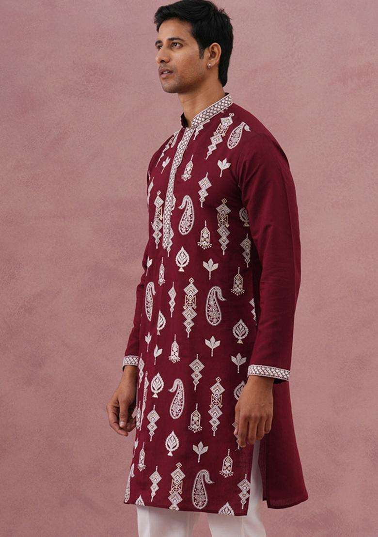Maroon Embroidery Cotton Kurta For Men - Indya