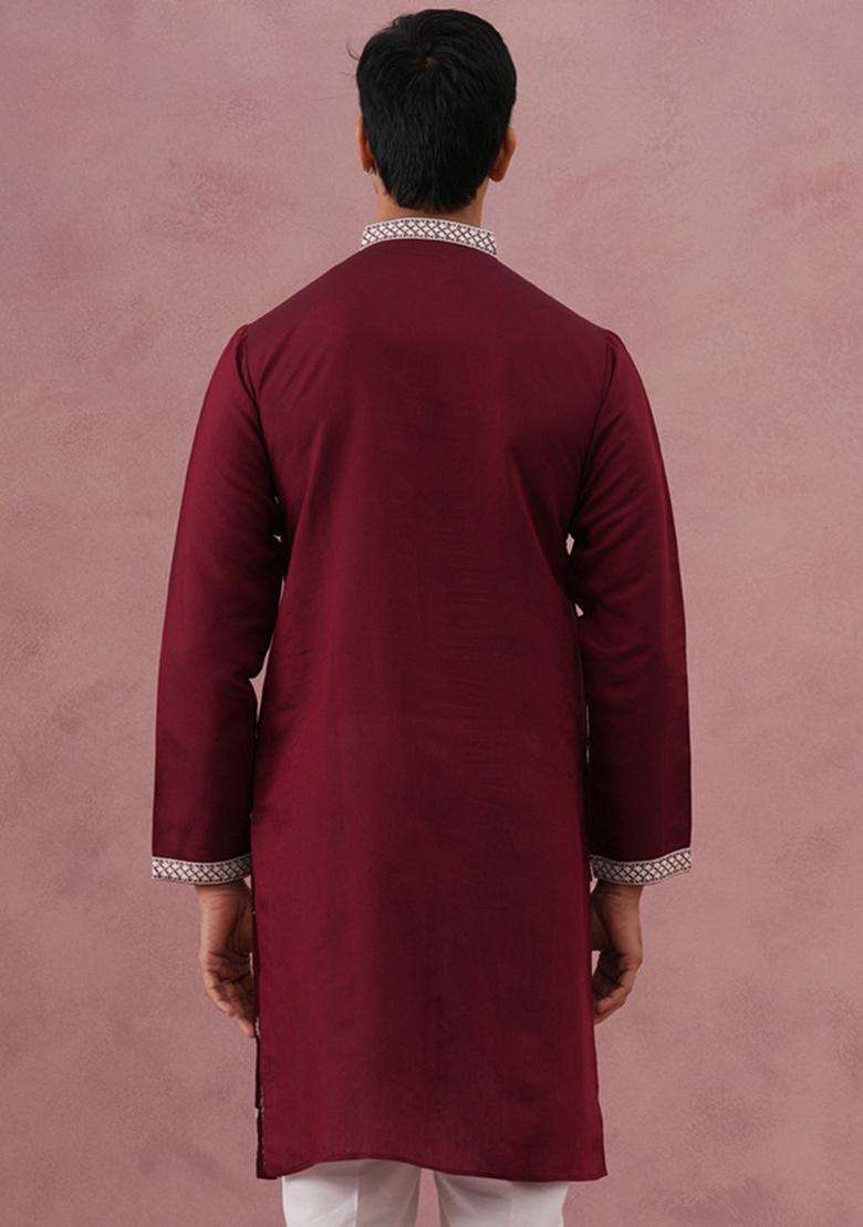 Maroon Embroidery Cotton Kurta For Men - Indya