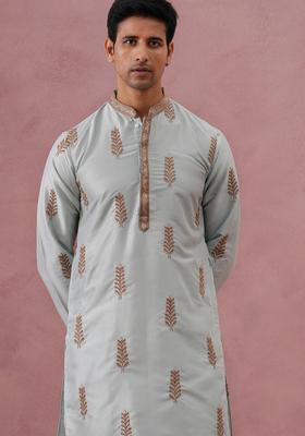 Sky Blue Embroidery Cotton Kurta For Men