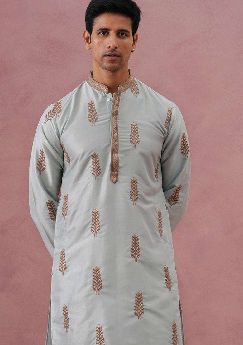 Sky Blue Embroidery Cotton Kurta For Men - Indya