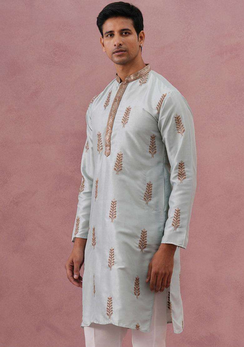 Sky Blue Embroidery Cotton Kurta For Men - Indya