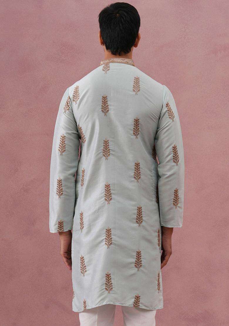 Sky Blue Embroidery Cotton Kurta For Men - Indya