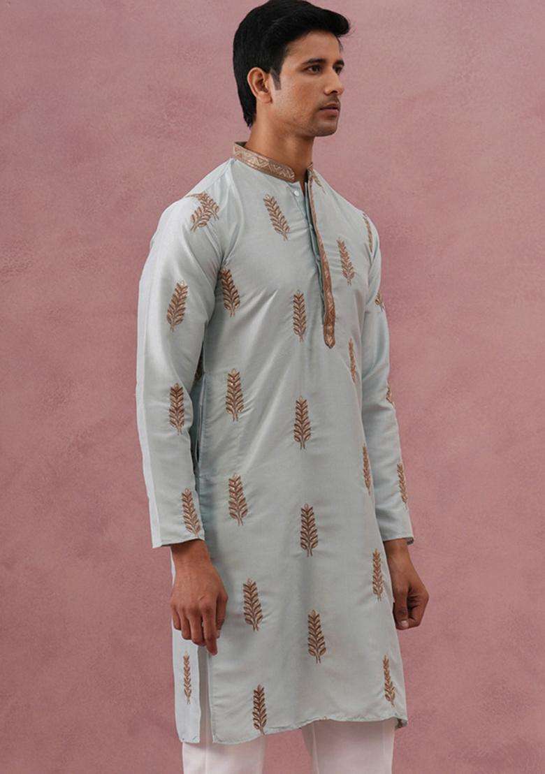 Sky Blue Embroidery Cotton Kurta For Men - Indya