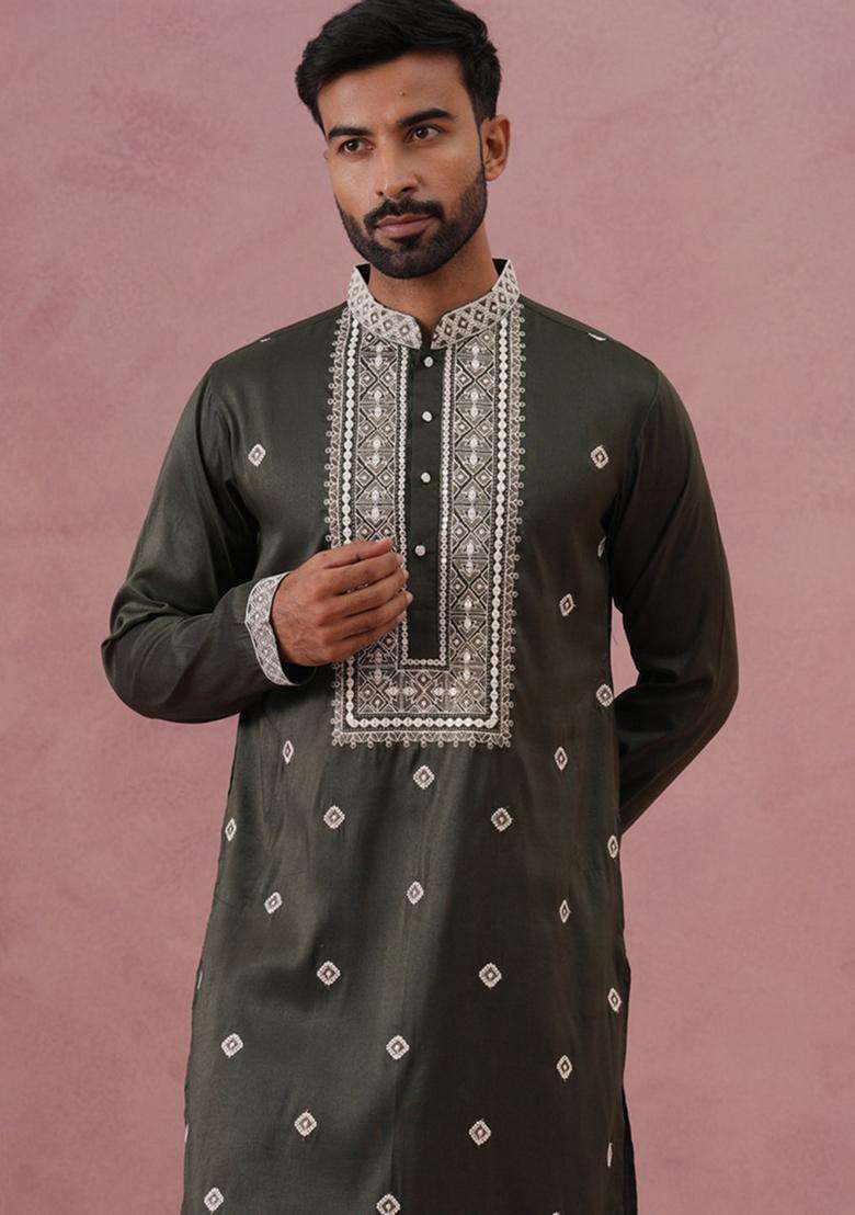 Olive Embroidery Cotton Kurta For Men - Indya