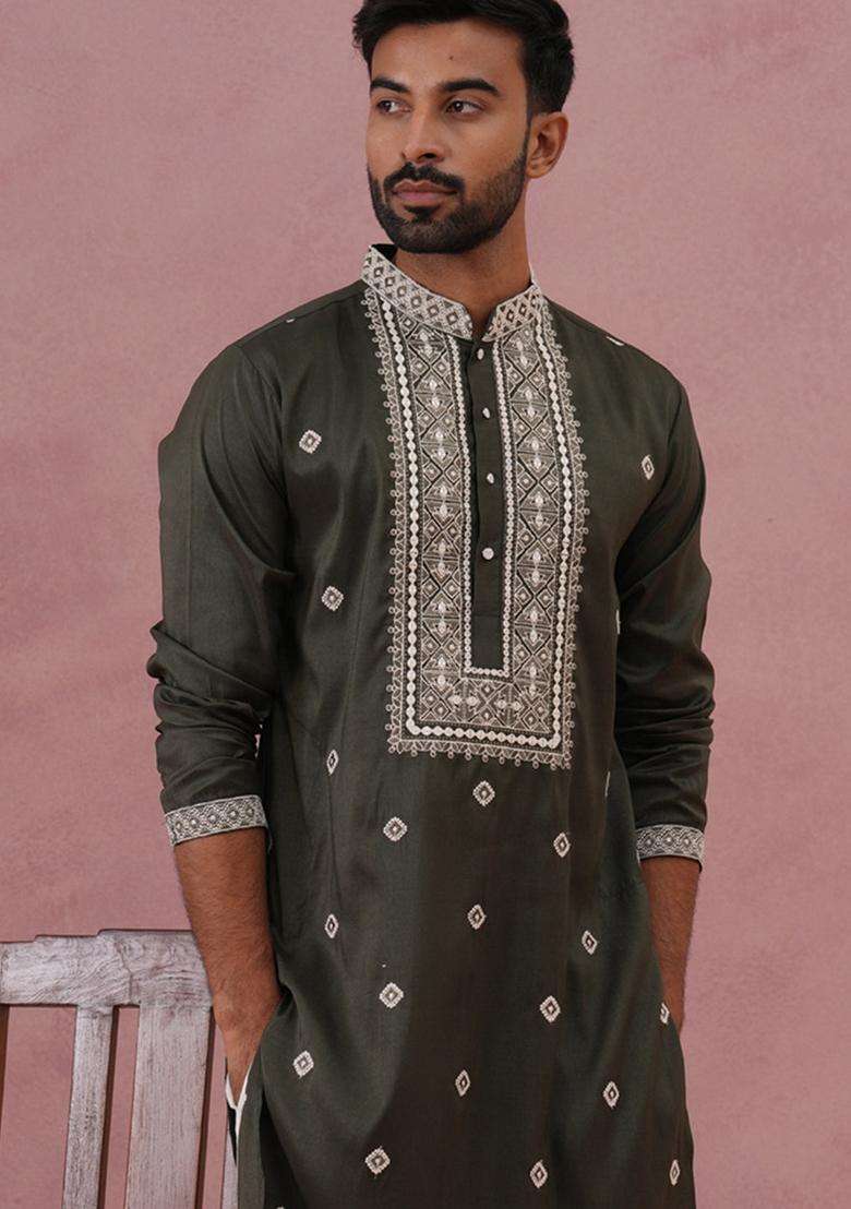 Olive Embroidery Cotton Kurta For Men - Indya