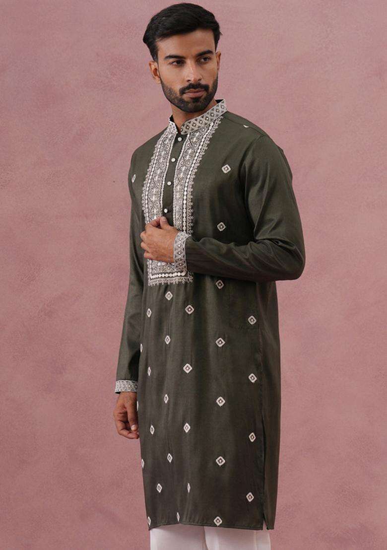 Olive Embroidery Cotton Kurta For Men - Indya
