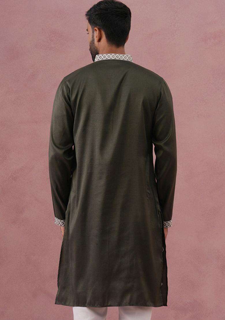 Olive Embroidery Cotton Kurta For Men - Indya