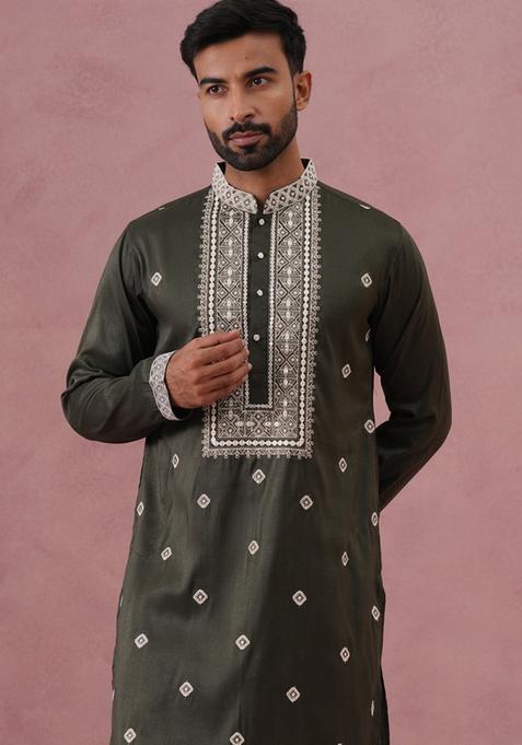 Olive Embroidery Cotton Kurta For Men