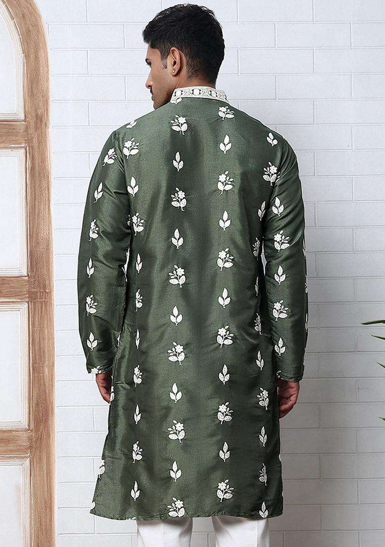 Olive Embroidery Cotton Kurta For Men - Indya