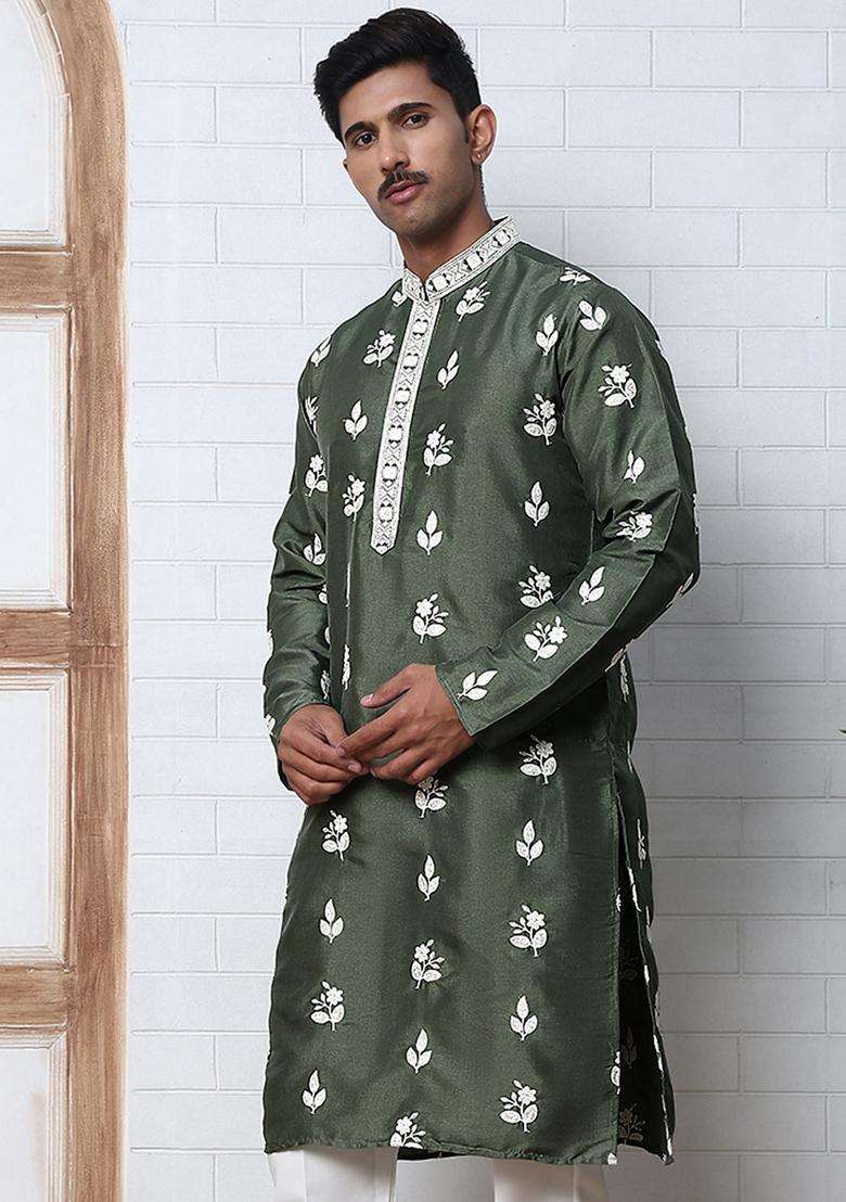 Olive Embroidery Cotton Kurta For Men - Indya