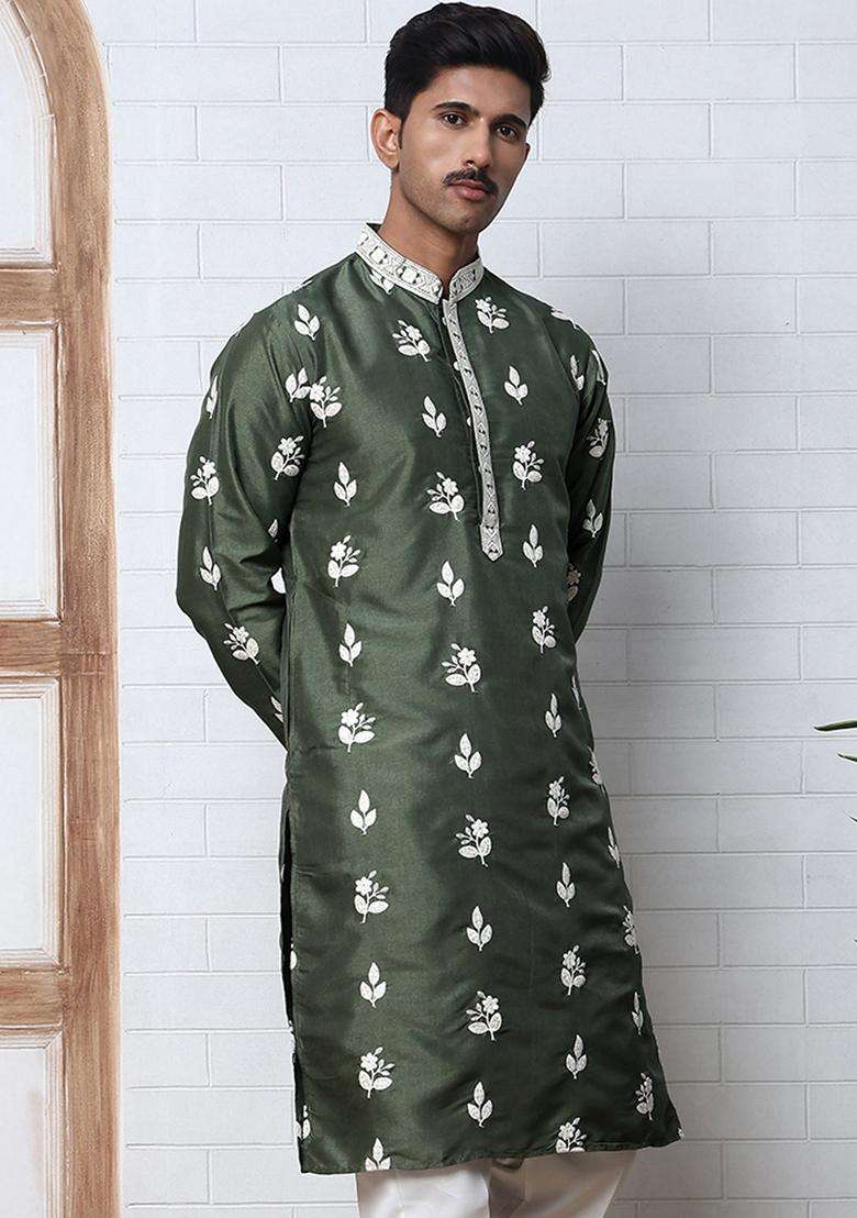 Olive Embroidery Cotton Kurta For Men - Indya