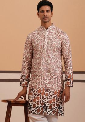 Peach Printed Cotton Kurta For Men