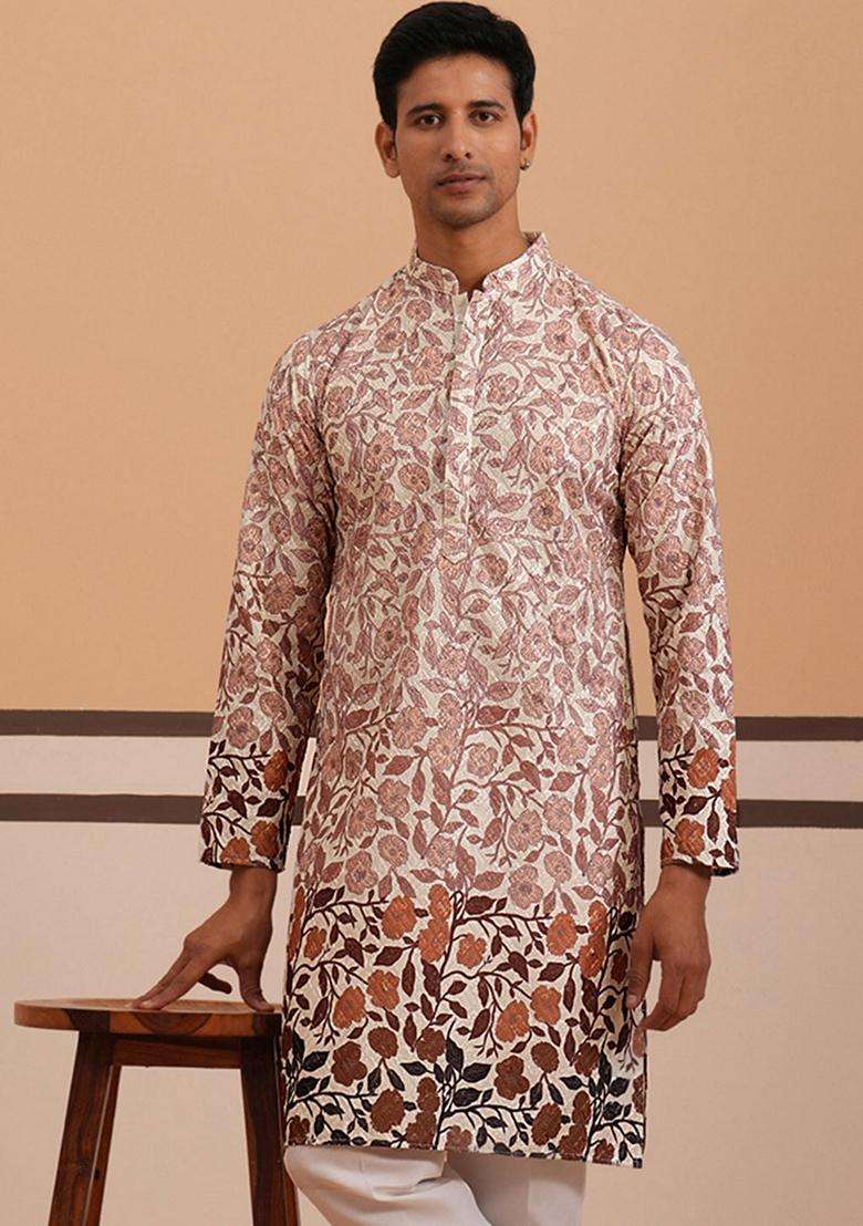Peach Printed Cotton Kurta For Men - Indya