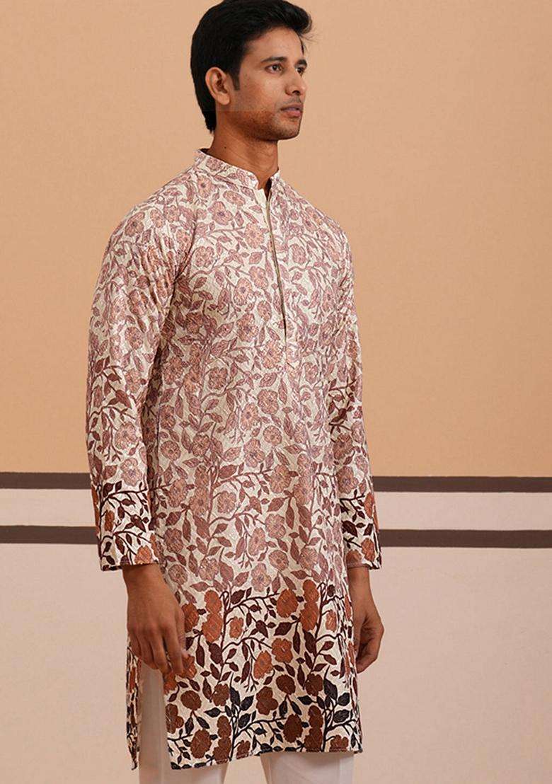 Peach Printed Cotton Kurta For Men - Indya