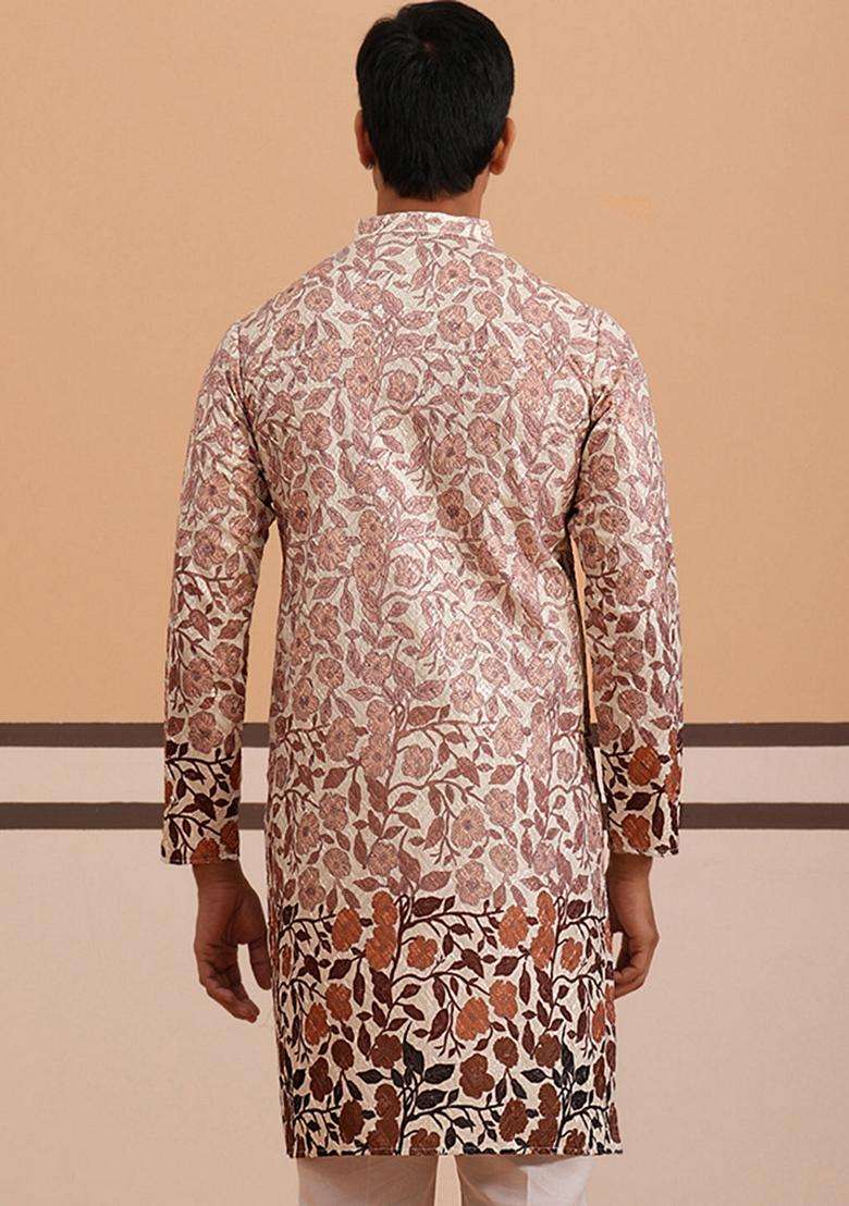 Peach Printed Cotton Kurta For Men - Indya