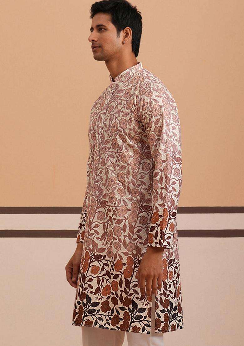 Peach Printed Cotton Kurta For Men - Indya