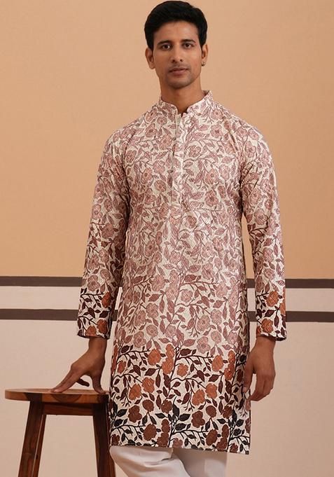 Peach Printed Cotton Kurta For Men
