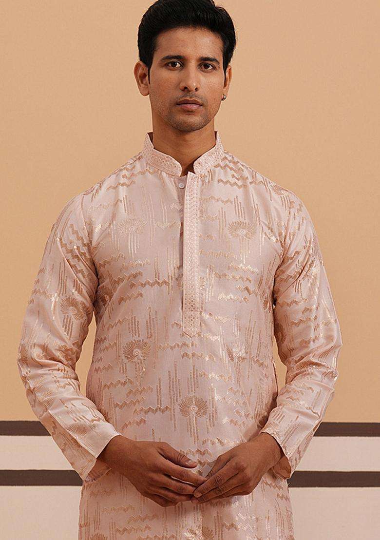 Peach Embroidery Cotton Kurta For Men - Indya
