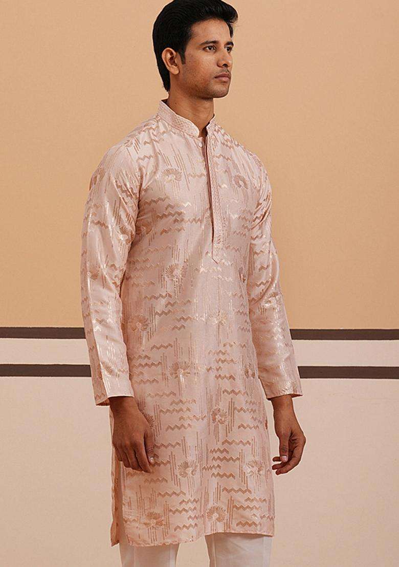 Peach Embroidery Cotton Kurta For Men - Indya