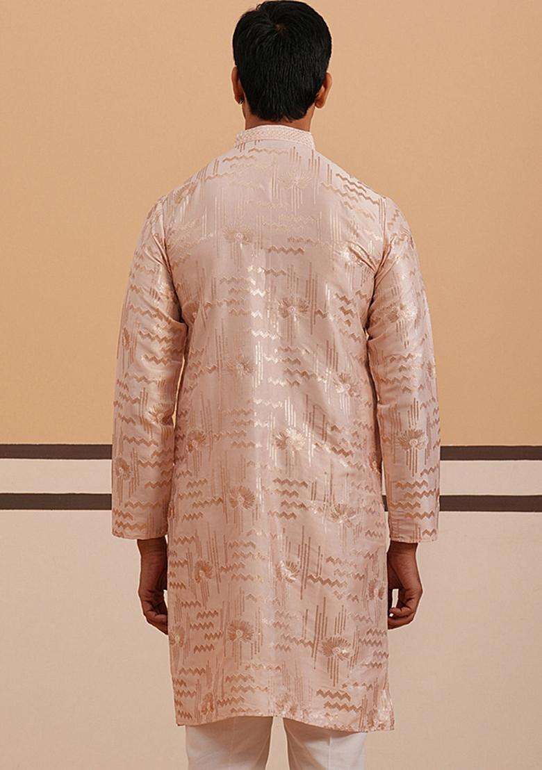 Peach Embroidery Cotton Kurta For Men - Indya
