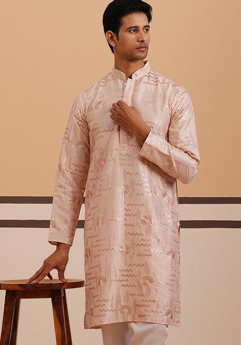 Peach Embroidery Cotton Kurta For Men