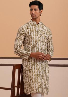 Olive Printed Cotton Kurta For Men