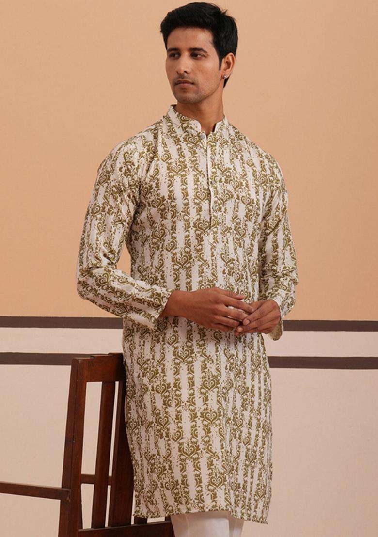 Olive Printed Cotton Kurta For Men - Indya