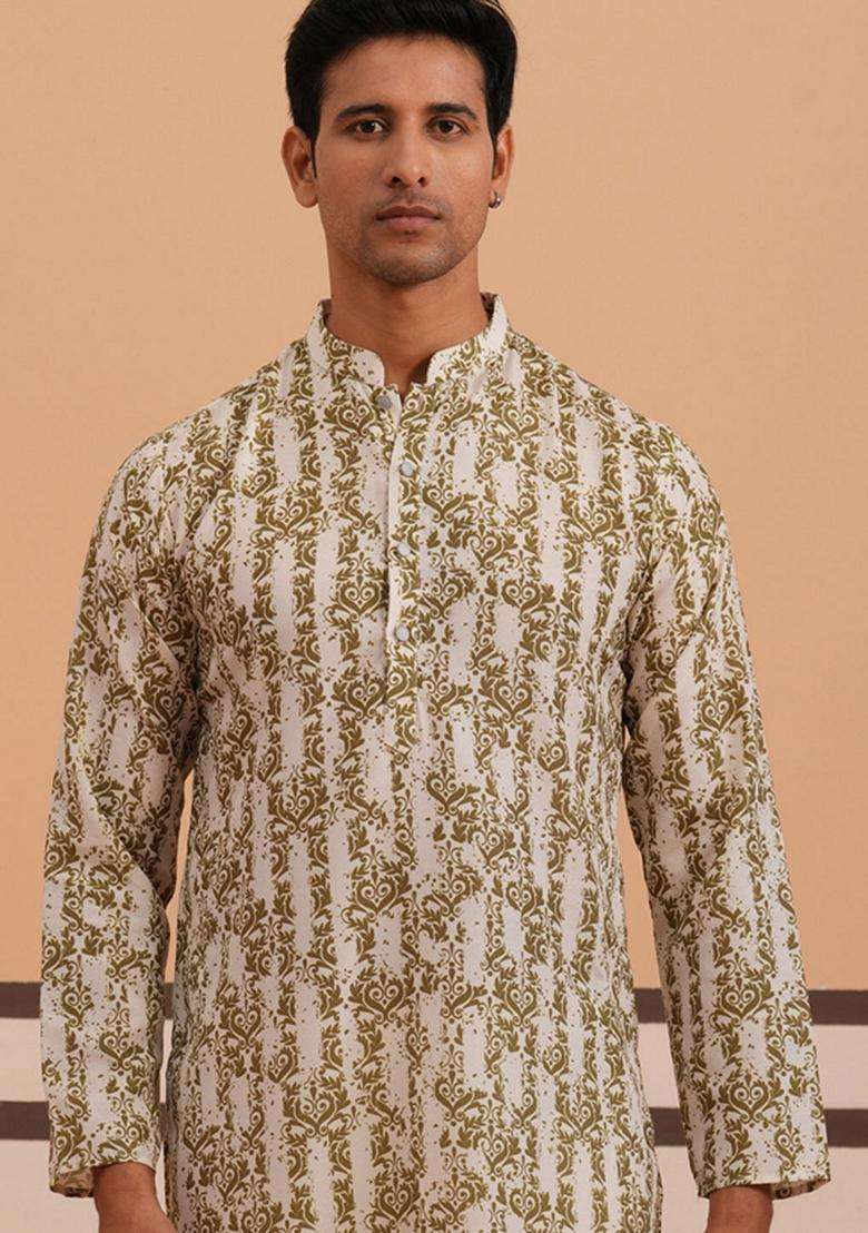 Olive Printed Cotton Kurta For Men - Indya